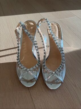 Crystal-Trim Clear Slingback Heels in Silver